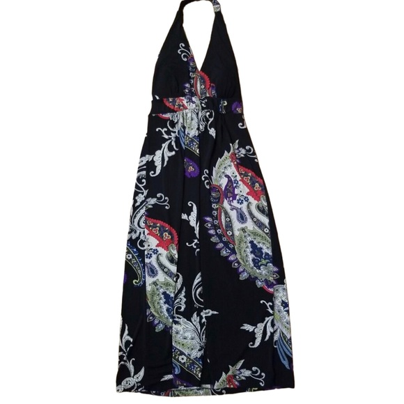 I.N. STUDIO Maxi Long Sleeveless Halter Elastic Neck Black Paisley Dress Size 6 - Picture 1 of 15